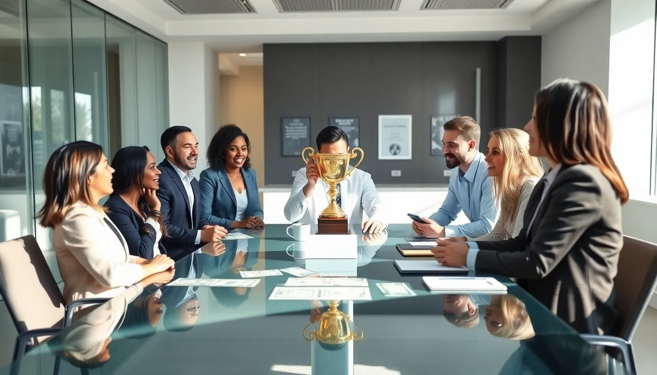 diverse professionals discussing rewards in a modern office.