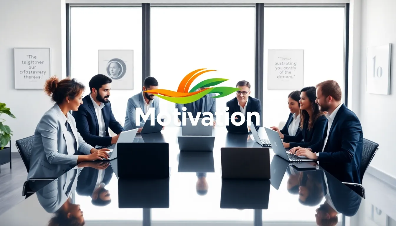 diverse team discussing ideas around a vibrant motivation logo.
