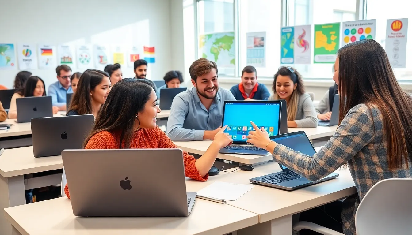 students using laptops for computer assisted language learning in a modern classroom.