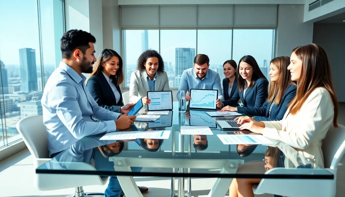 diverse finance professionals discussing real estate debt investments in a modern office.