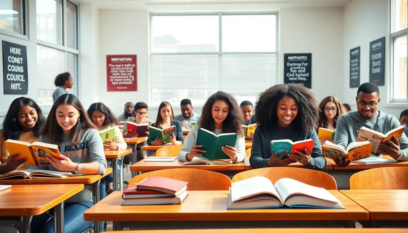 diverse students engaged in reading in a bright classroom.