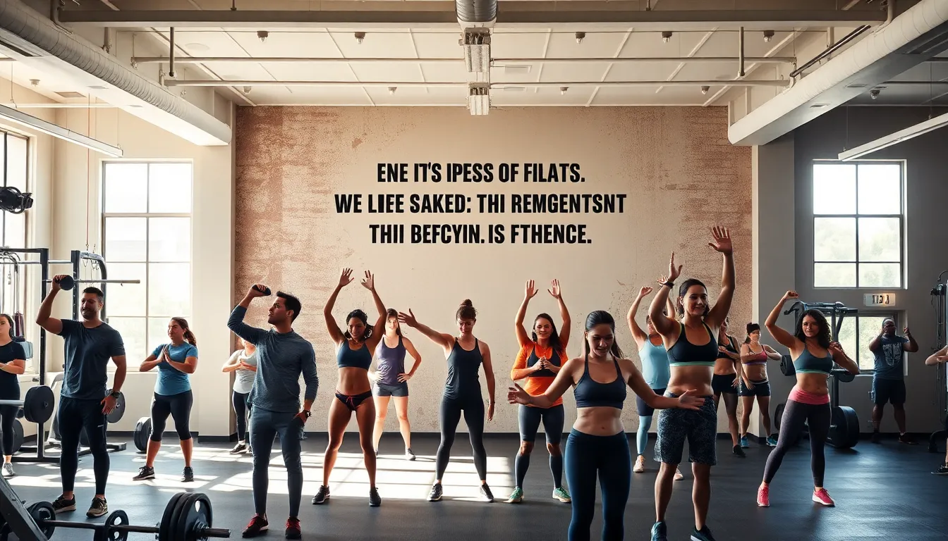 diverse group exercising in a motivational gym environment.