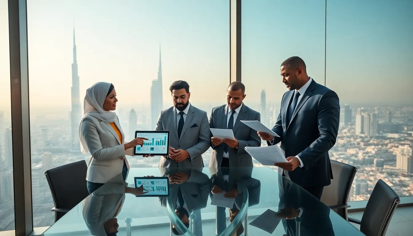 diverse professionals discussing Dubai real estate in a modern office.