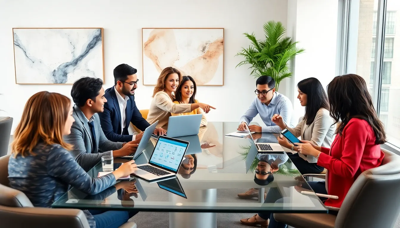 diverse professionals in a modern office engaged in online language learning.