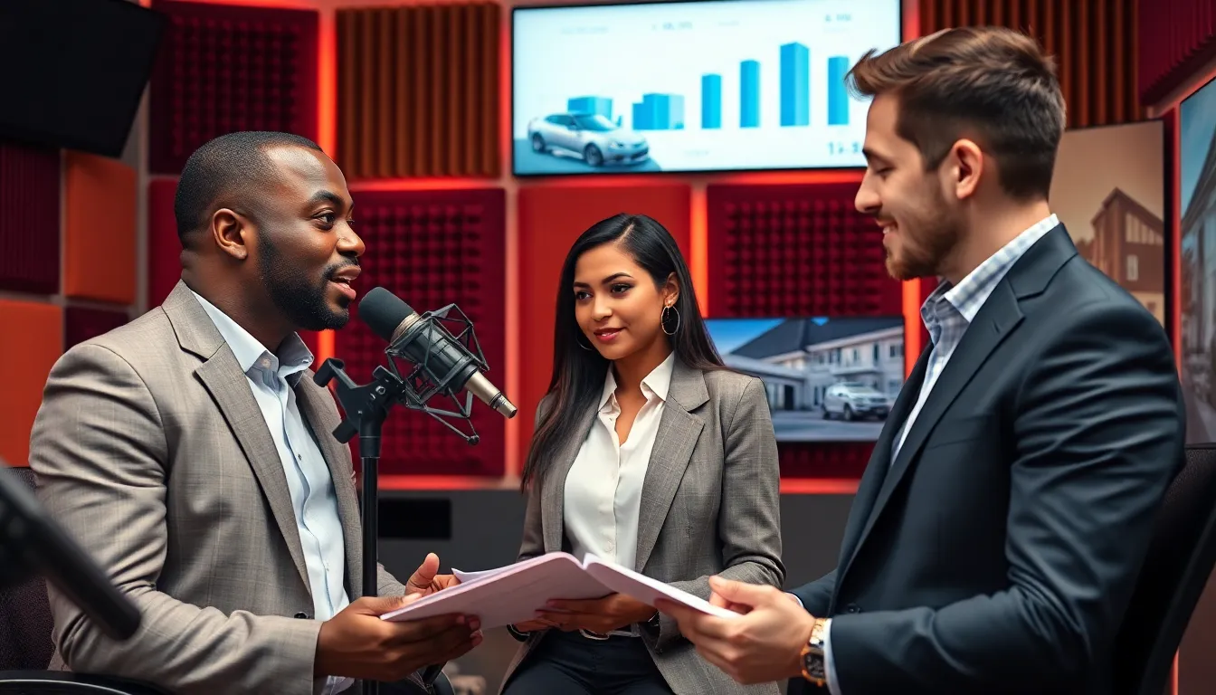 diverse professionals discussing real estate in a modern podcast studio